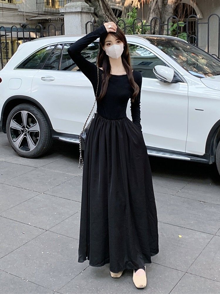 French Hepburn style high-end black long-sleeved dress for women, autumn temperament, inner waist slimming A-line long skirt