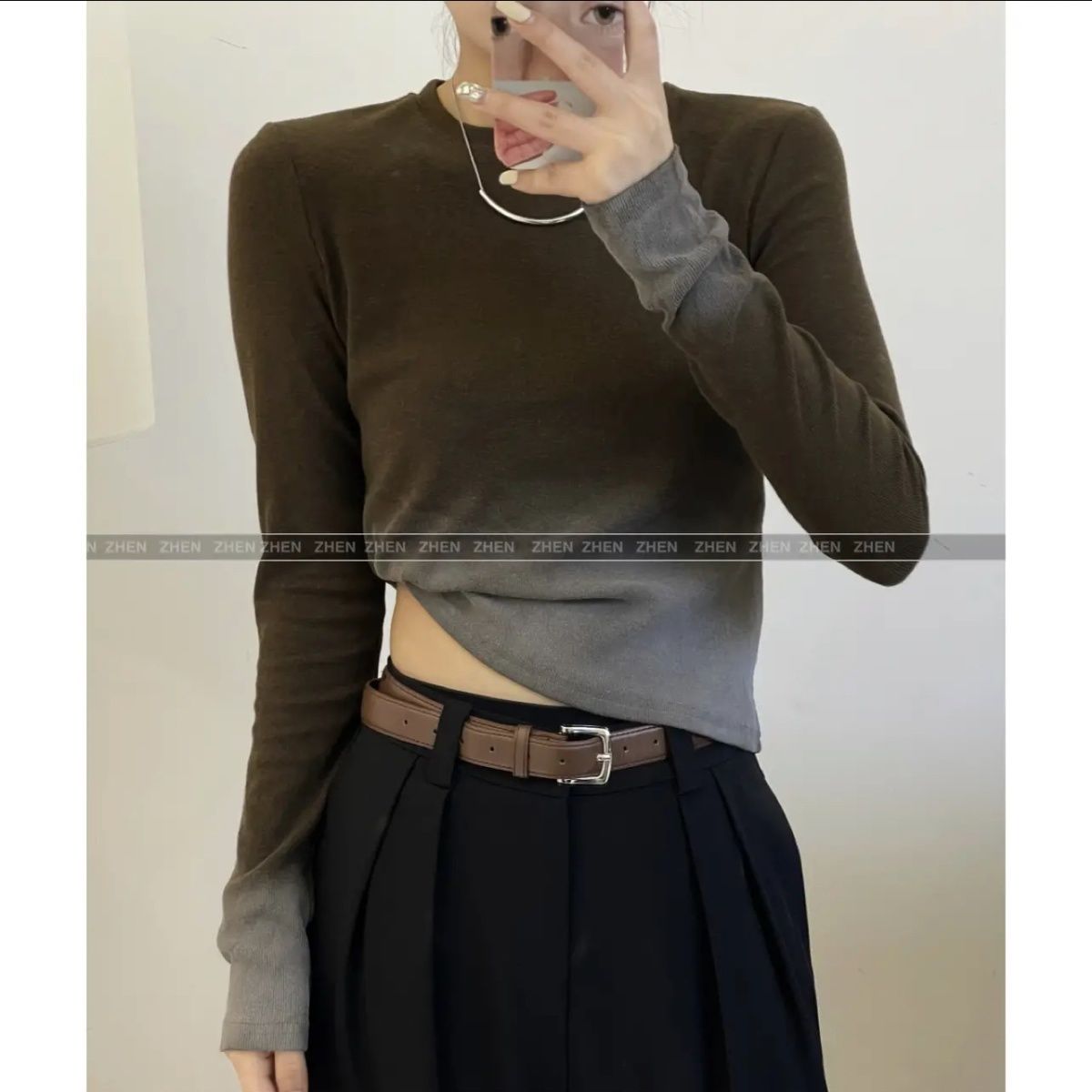抖音~復古漸變色長袖T恤韓版修身上衣2023秋季冬新款打底衫女裝