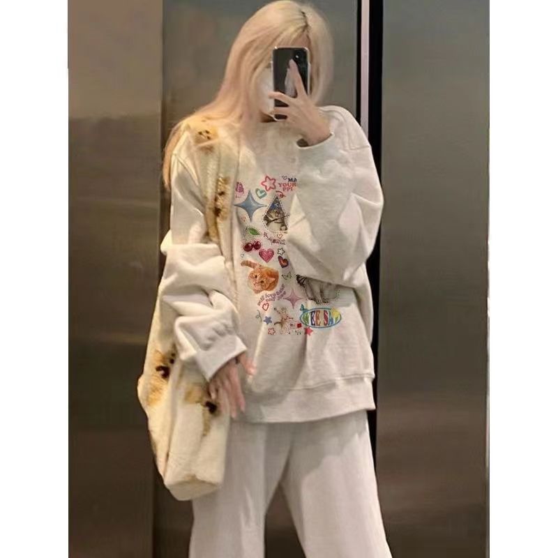 美式復古國潮高街白灰色圓領衛衣女秋冬寬鬆oversize長袖上衣外套