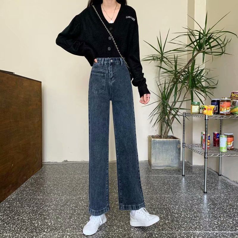 直筒褲牛仔褲女2023年早秋款新款寬鬆小個子高腰春秋季顯瘦闊腿褲