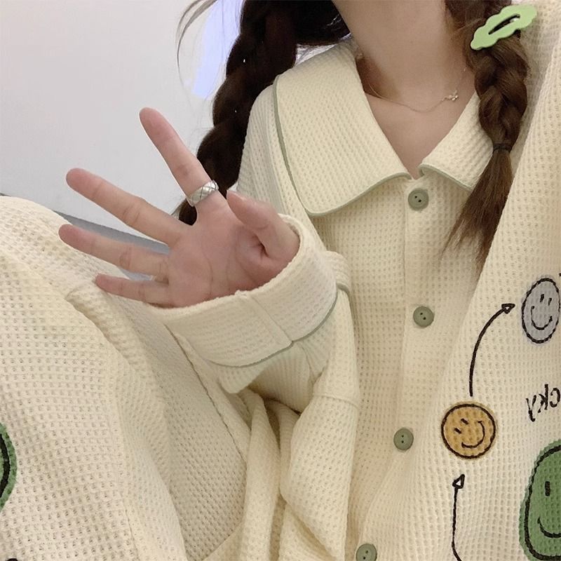 睡衣女春秋冬季純棉華夫格長袖家居服春夏卡通簡約可外穿兩件套裝