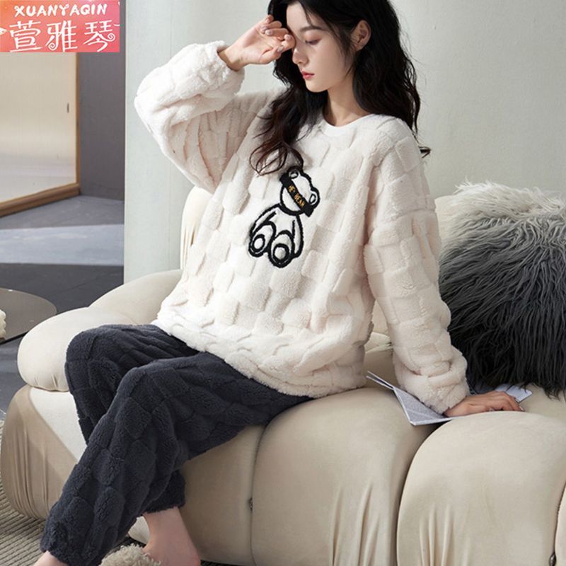 睡衣女冬季珊瑚绒套头学生韩版休闲宽松大码家居服两件套装