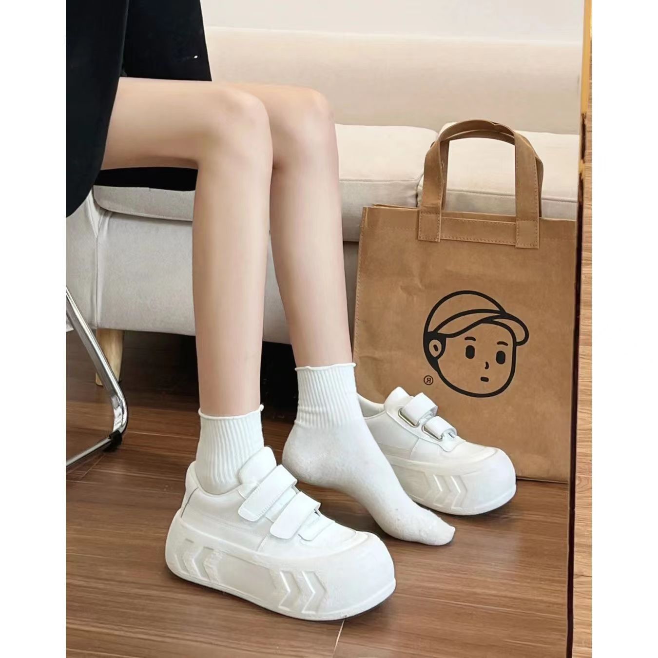 厚底小白鞋增高魔術貼休閒板鞋子女百搭圓頭可愛呆萌大頭鞋子女潮