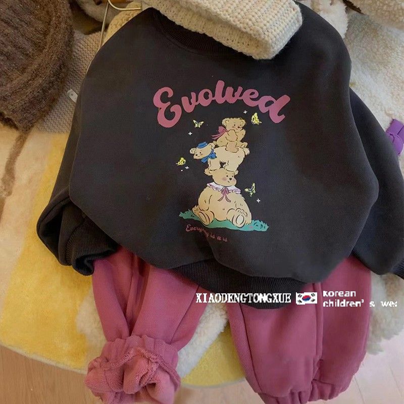 Girls sweatshirt plus velvet suit autumn and winter 2023 autumn fashion style baby girl cartoon sweatshirt casual pants two-piece set