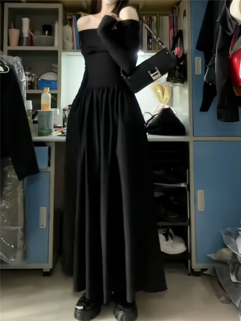 筱姿法式复古高级感收腰黑色长袖连衣裙2023新款一字肩显瘦长裙子