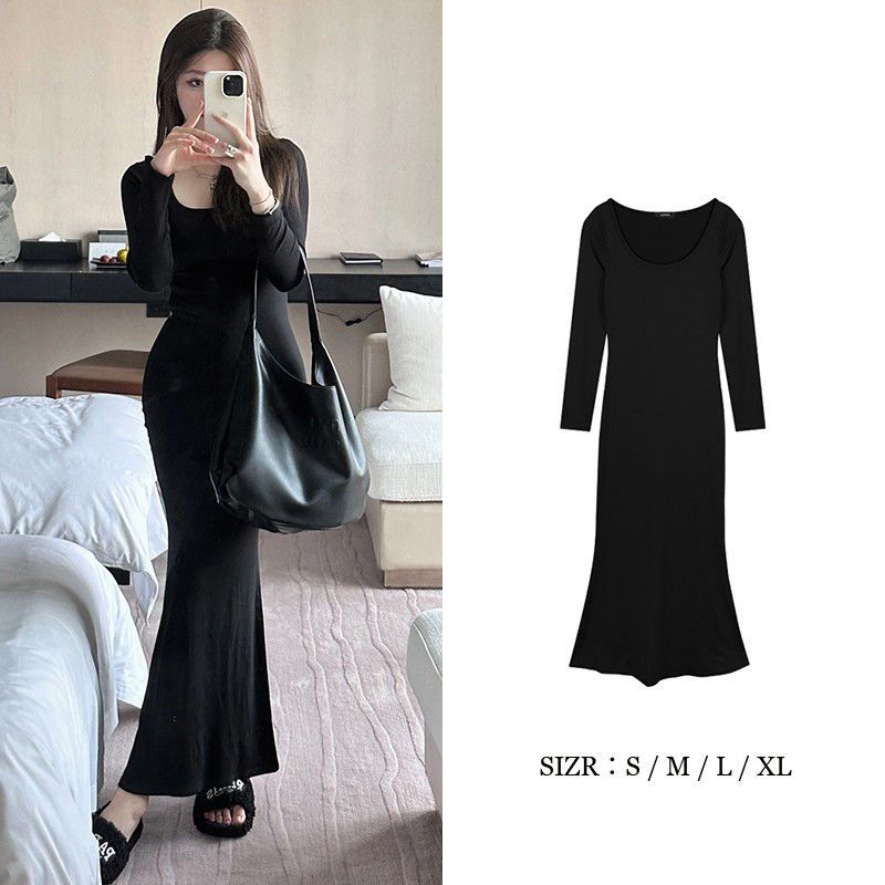 Black Square Neck Long Sleeve Fishtail Dress 2023 Women's Autumn French Style Interior High-end Design Niche Long Skirt