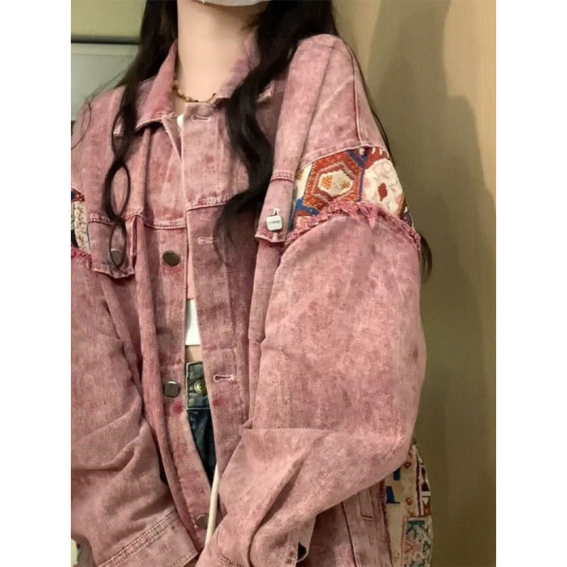 森系小香風牛仔外套女春秋復古做舊拼接設計感小眾寬鬆開衫夾克潮