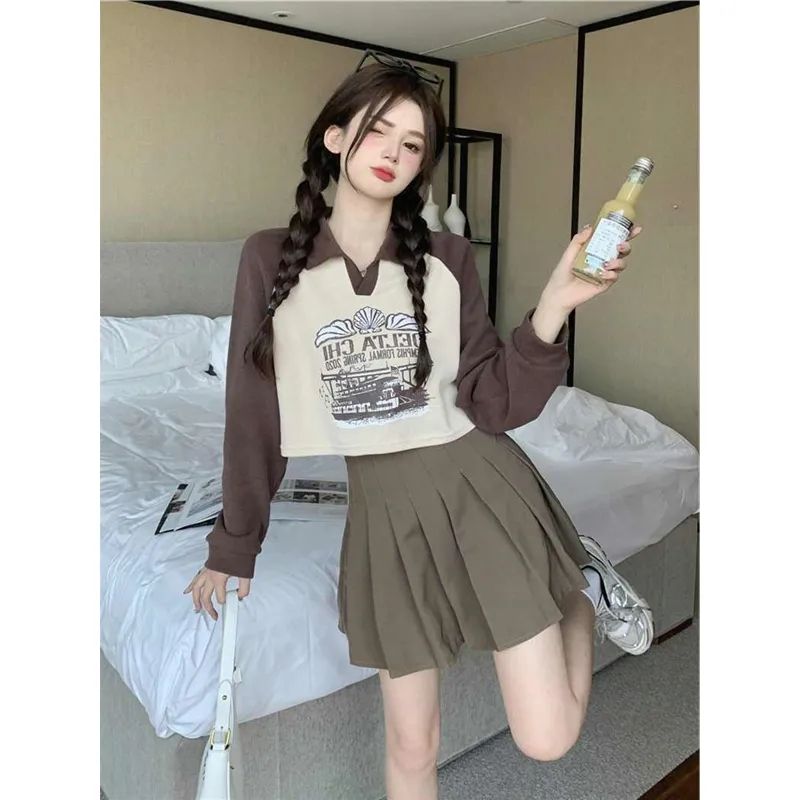 休閒復古POLO領衛衣女秋季拼色套頭小個子百搭短款百搭長袖上衣女