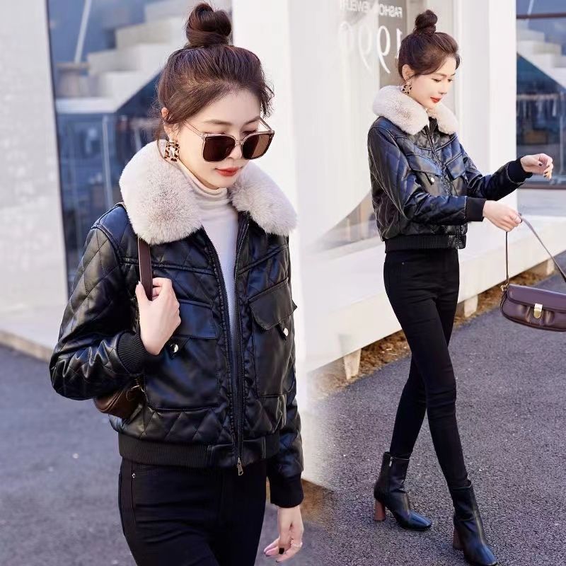 Velvet thickened leather jacket Maillard coat women's short winter new fashion motorcycle jacket cotton leather jacket cotton jacket