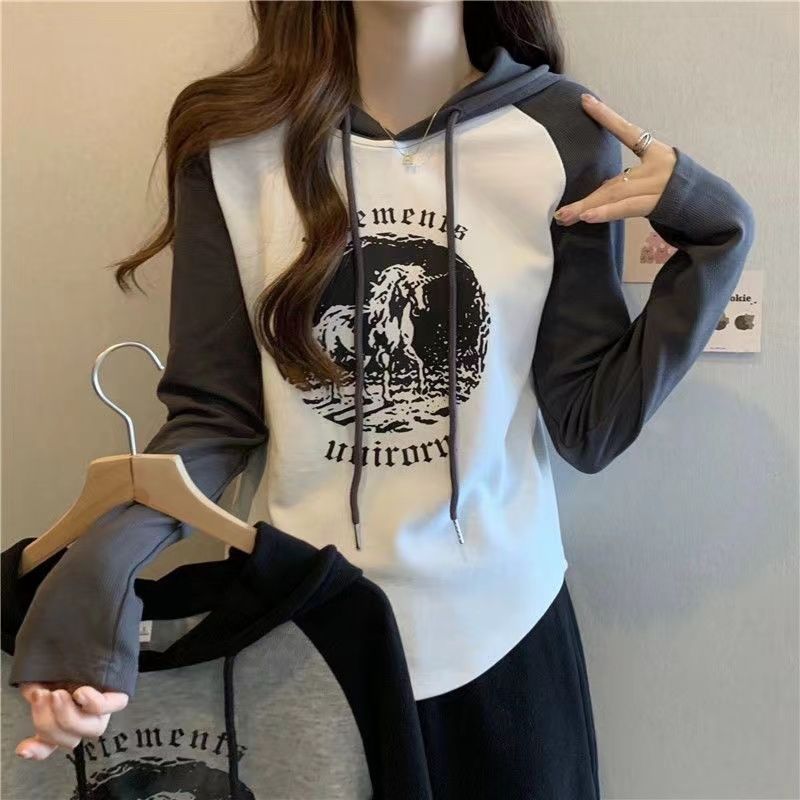 連帽長袖t恤女百搭減齡顯瘦拼色插肩上衣春秋季衛衣小眾設計感ins