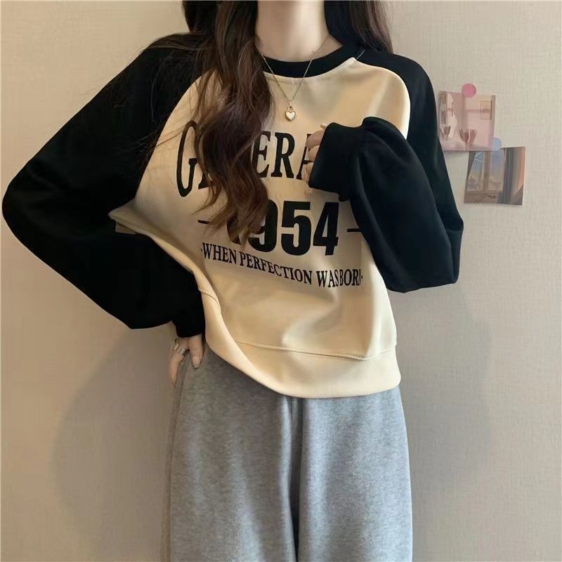 撞色拼接短款衛衣女裝春秋季2023爆款復古字母印花長袖T恤上衣服