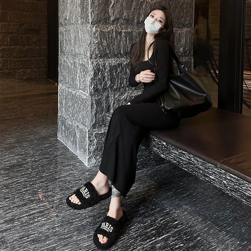 Black Square Neck Long Sleeve Fishtail Dress 2023 Women's Autumn French Style Interior High-end Design Niche Long Skirt