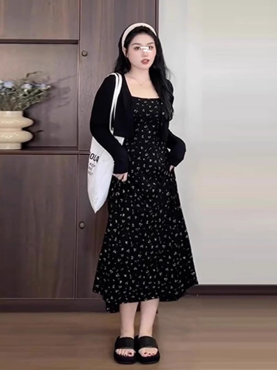 大碼法式高級感吊帶碎花連衣裙女秋季新款胖mm顯瘦開衫裙子兩件套