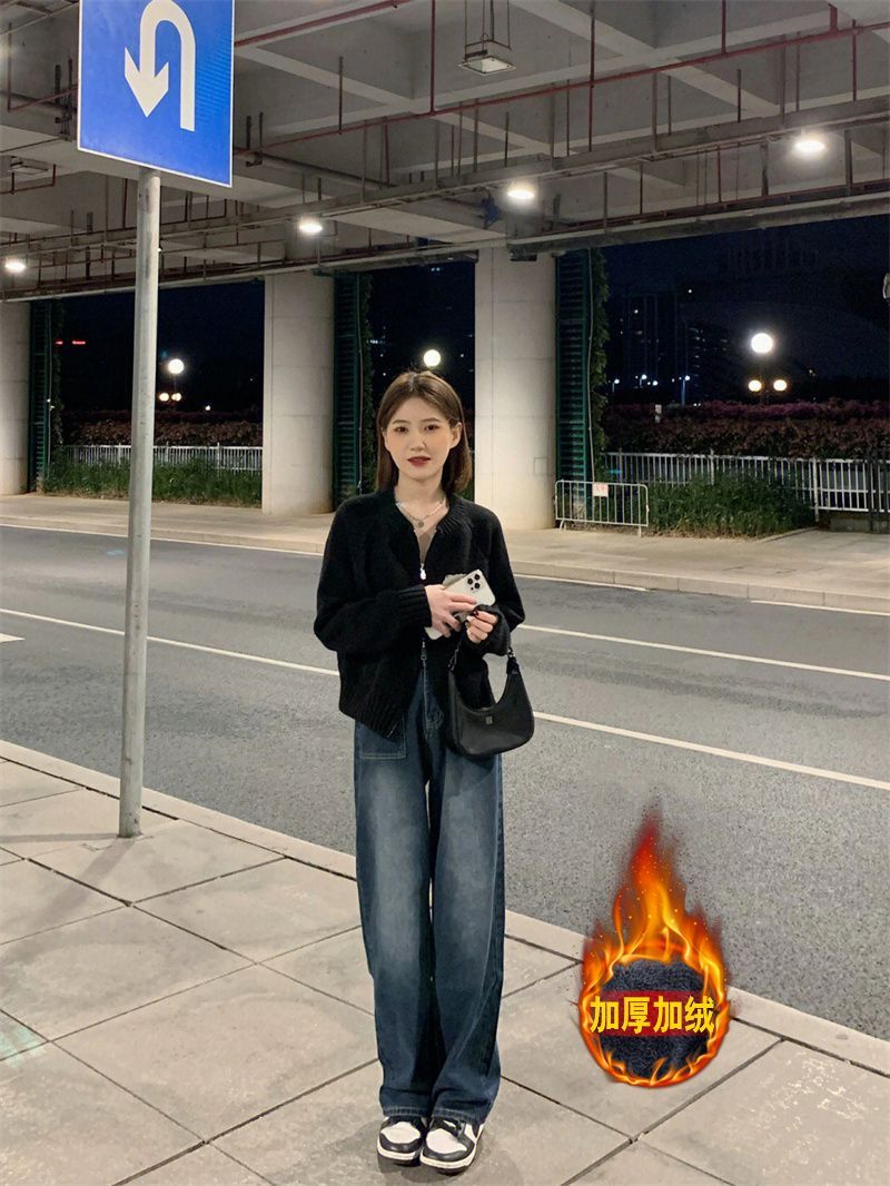 復古闊腿加絨牛仔褲女秋冬寬鬆大碼胖mm高腰顯瘦直筒長褲子ins潮