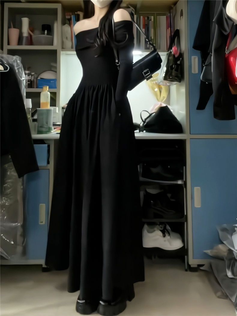 筱姿法式复古高级感收腰黑色长袖连衣裙2023新款一字肩显瘦长裙子