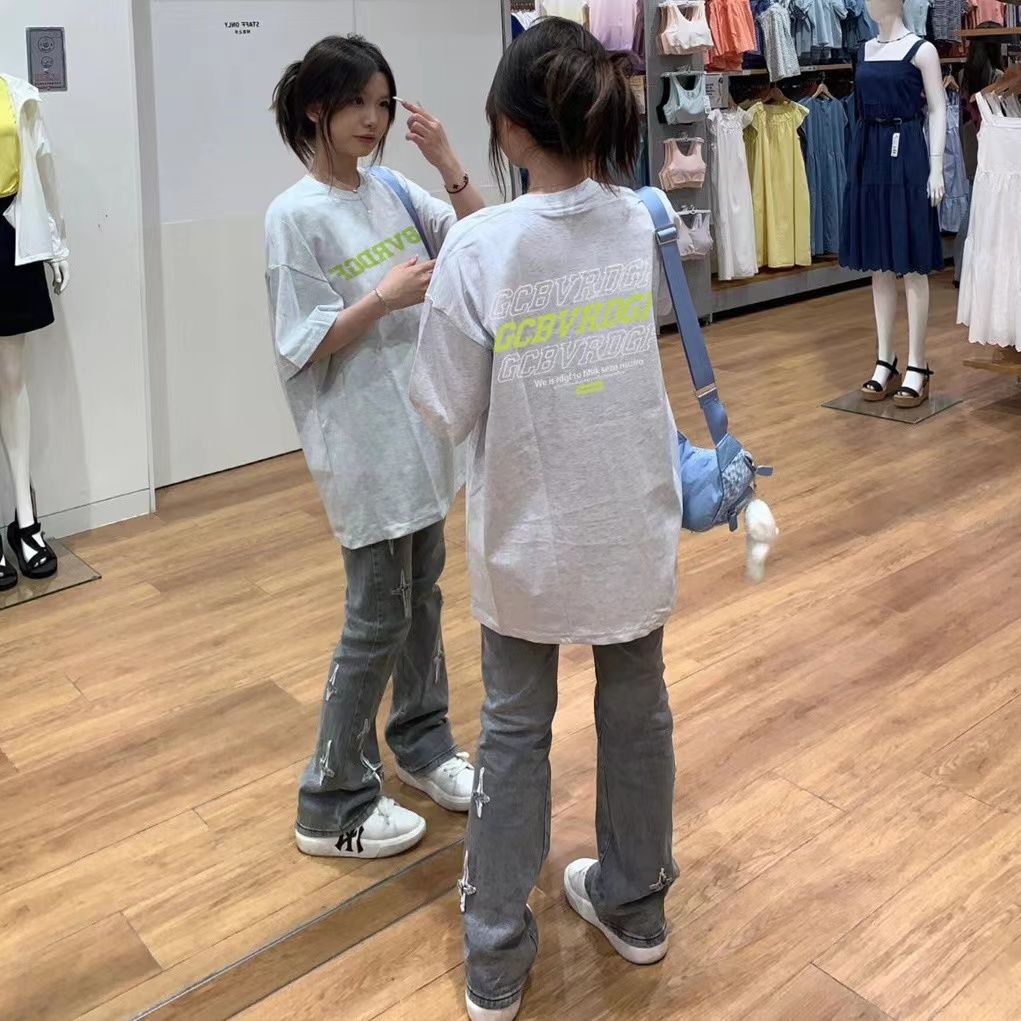 100%純棉美式灰色短袖t恤女小個子夏季設計感小眾休閒半袖上衣ins