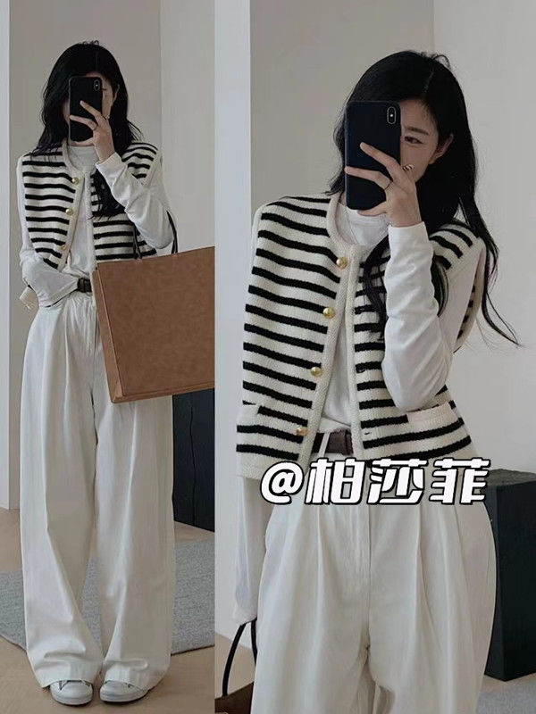 秋季溫柔系穿搭一整套女2023年新款韓版寬鬆條紋馬甲闊腿褲兩件套