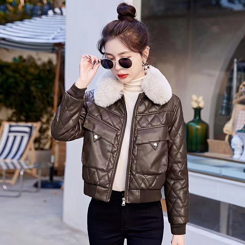 Velvet thickened leather jacket women's short winter new fashion small motorcycle jacket cotton leather jacket small cotton jacket