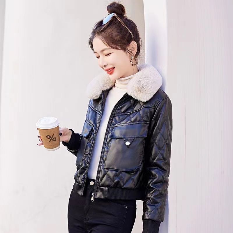 Velvet thickened leather jacket women's short winter new fashion small motorcycle jacket cotton leather jacket small cotton jacket