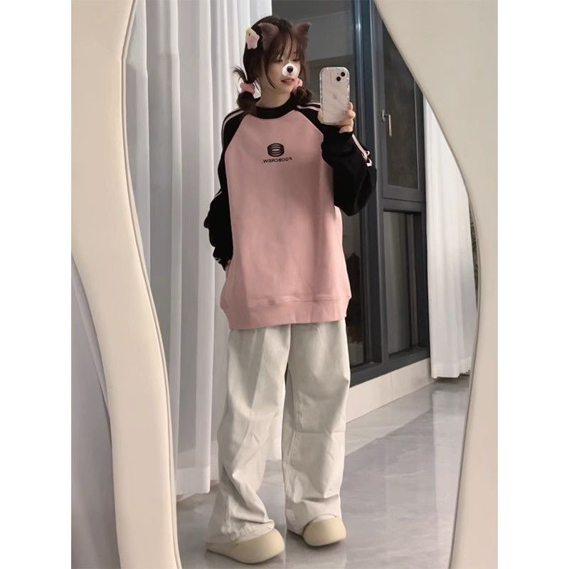 美式復古插肩袖衛衣女oversize秋季條紋撞色長袖寬鬆重磅情侶上衣