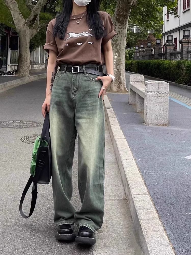 復古牛仔褲秋季2023新款女裝寬鬆水洗闊腿褲小個子高腰直筒拖地褲
