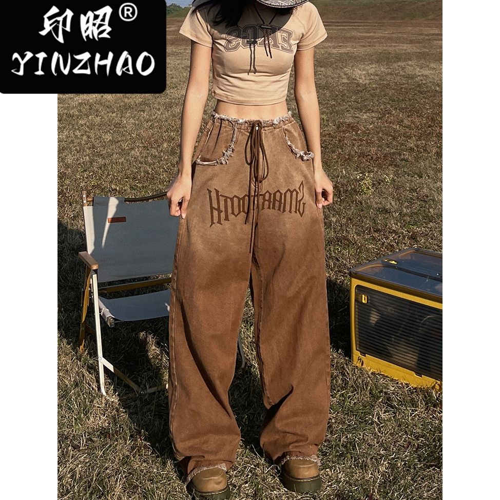 【印昭YINZHAO】美式毛邊設計感直筒牛仔褲拖地長褲棕色闊腿褲子