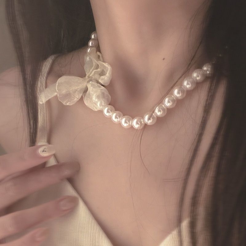 新款2023氛围感法式复古珍珠雪纺花朵项链高级感设计仙气质锁骨链