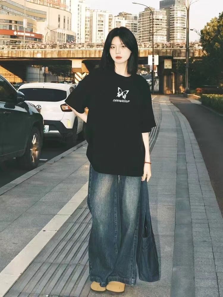 100%純棉t恤女短袖新款夏季中長款寬鬆美式高街顯瘦學生上衣服潮