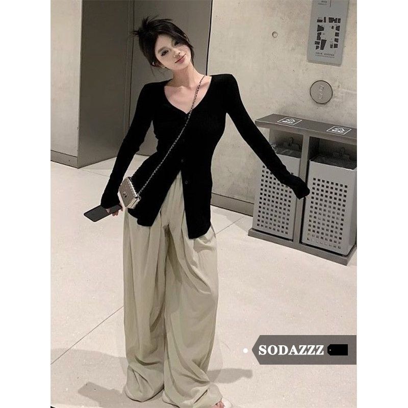 SODAZZZ鬆緊高腰闊腿長褲女春秋新款簡約百搭寬鬆顯瘦直筒長褲子