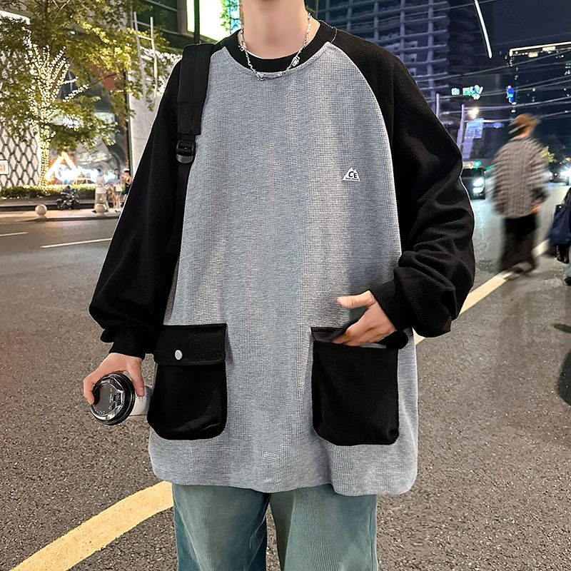 撞色華夫格衛衣男秋季潮牌寬鬆拼接口袋上衣美式復古休閒情侶外套