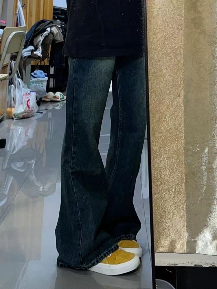 美式復古高腰微喇叭牛仔褲女春秋新款辣妹高街顯瘦寬鬆闊腿拖地褲