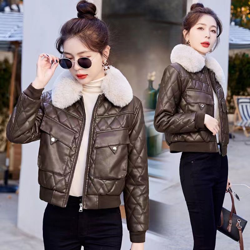 Velvet thickened leather jacket Maillard coat women's short winter new fashion motorcycle jacket cotton leather jacket cotton jacket