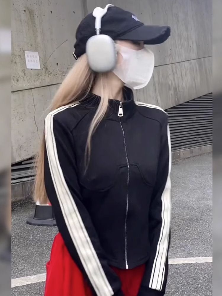 休閒運動短外套女秋季新款側條紋不規則修身立領棒球服短款上衣