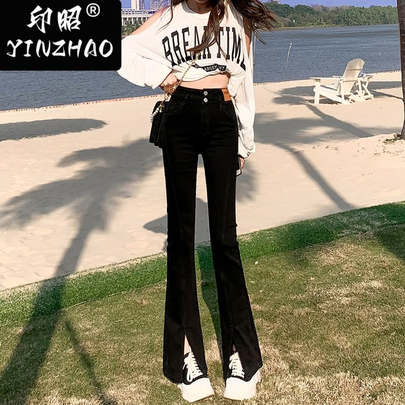 【印昭YINZHAO】黑色春秋季新款高腰顯瘦褲子開叉微喇叭牛仔褲女