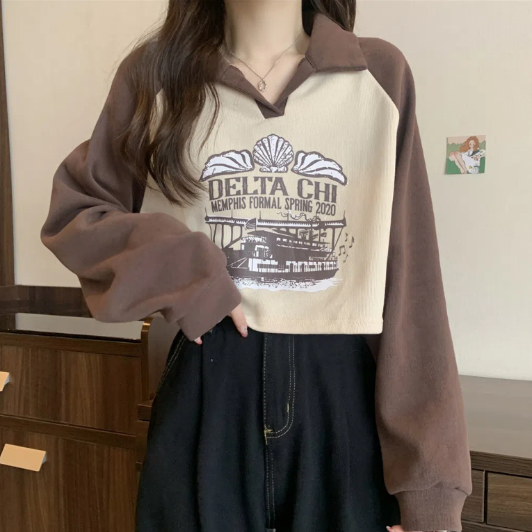 polo衫女長袖t恤短款衛衣法式小眾別致純欲風辣妹初秋秋季上衣潮