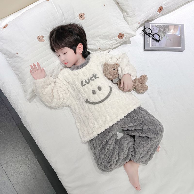 Boys pajamas autumn and winter flannel thickened coral velvet 2023 new children's home clothes set baby boy