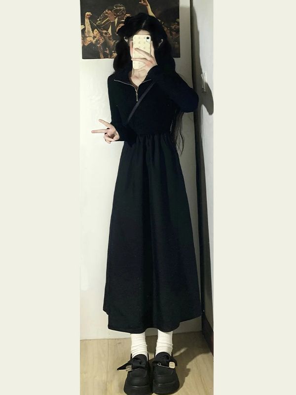 筱姿法式新款赫本风黑色长袖连衣裙女美拉德修身收腰设计感长裙子