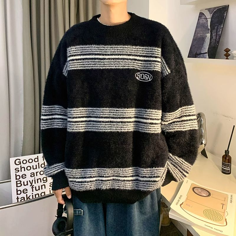 條紋刺繡男款毛衣秋季軟糯慵懶風針織衫寬鬆ins美式痞帥線衣外套
