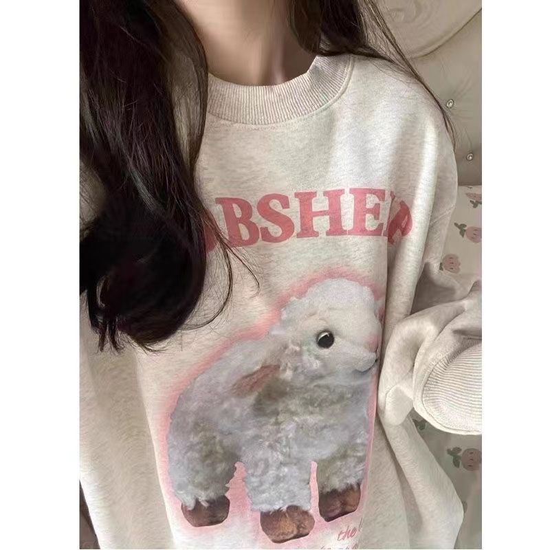 美式復古國潮高街白灰色圓領衛衣女寬鬆秋冬季oversize慵懶風外套