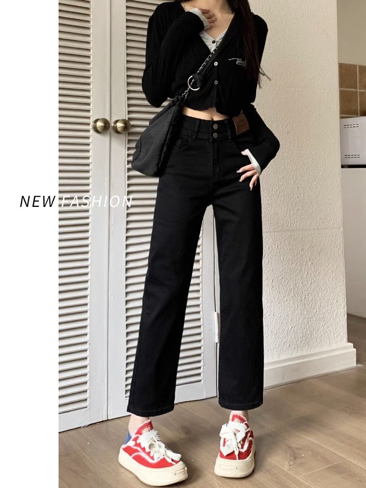 黑色直筒牛仔褲女2023年秋季新款小個子百搭顯瘦九分高腰煙管褲子