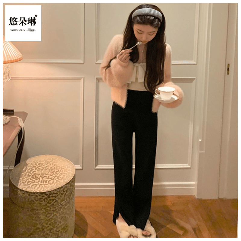 YOUDUOLIN垂感直筒闊腿褲子女秋季新款高腰百搭開叉小個子拖地褲