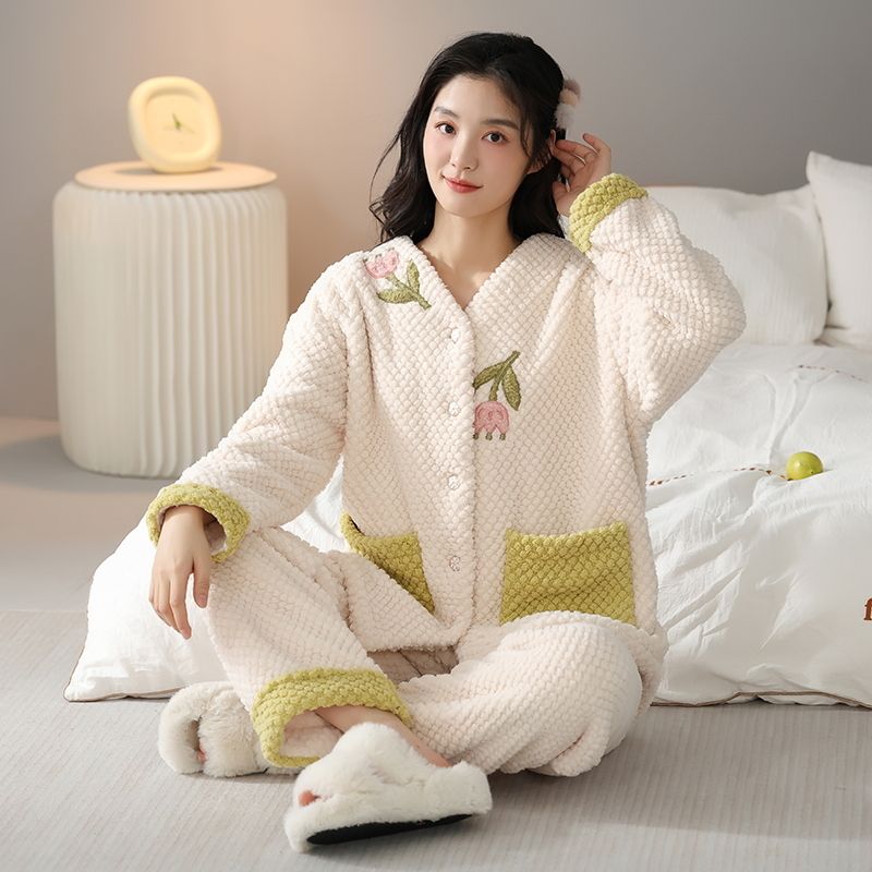 歌倩雅珊瑚絨睡衣女加厚保暖可外穿學生甜美卡通風長袖套裝家居服