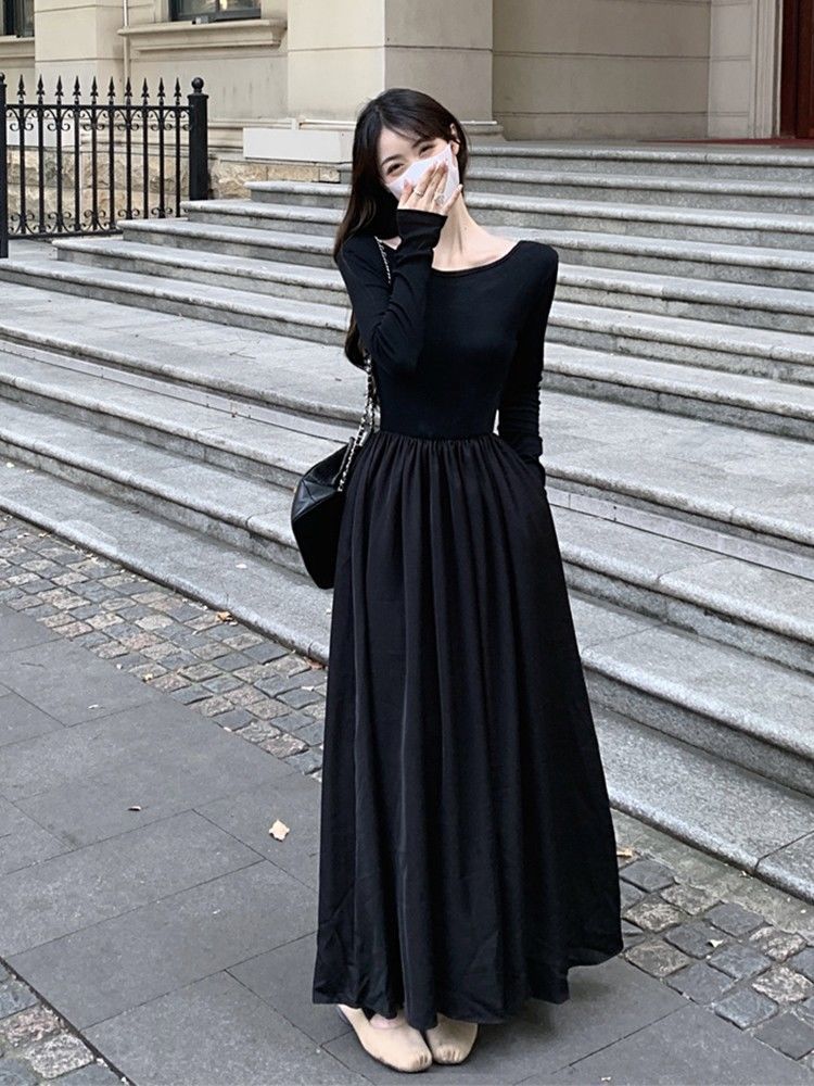 French Hepburn style high-end black long-sleeved dress for women, autumn temperament, inner waist slimming A-line long skirt