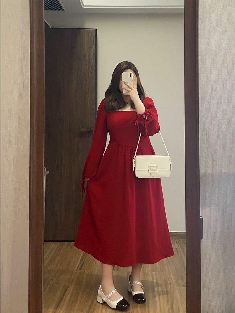 张屁屁大码女装年新款秋冬季法式红色敬酒服胖mm显瘦连衣裙子
