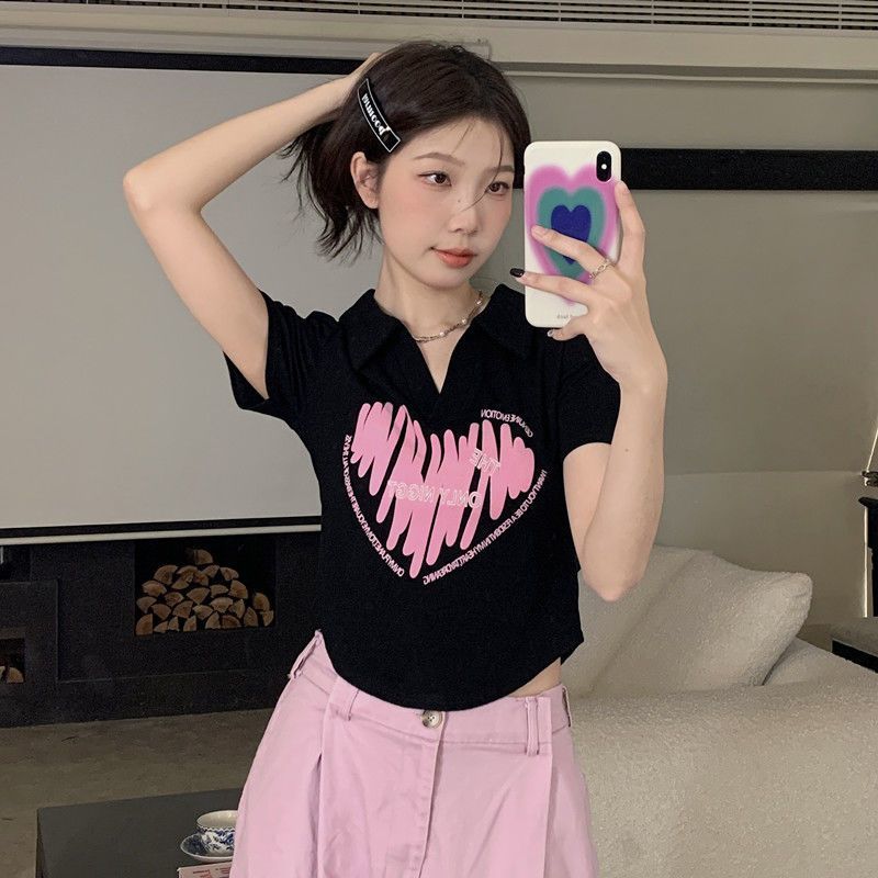 爆款女裝polo領印花正肩短袖t恤女夏季遮肚子不規則短款辣妹上衣