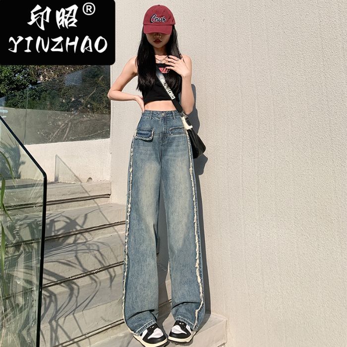 【印昭YINZHAO】復古小眾設計感直筒寬鬆毛邊拖地褲闊腿牛仔褲女