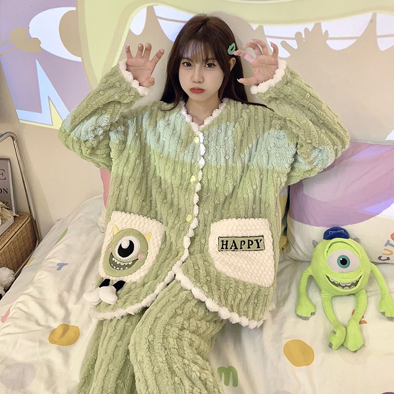 珊瑚絨睡衣秋冬季女加厚大眼仔法蘭絨甜美可愛卡通綠色家居服套裝