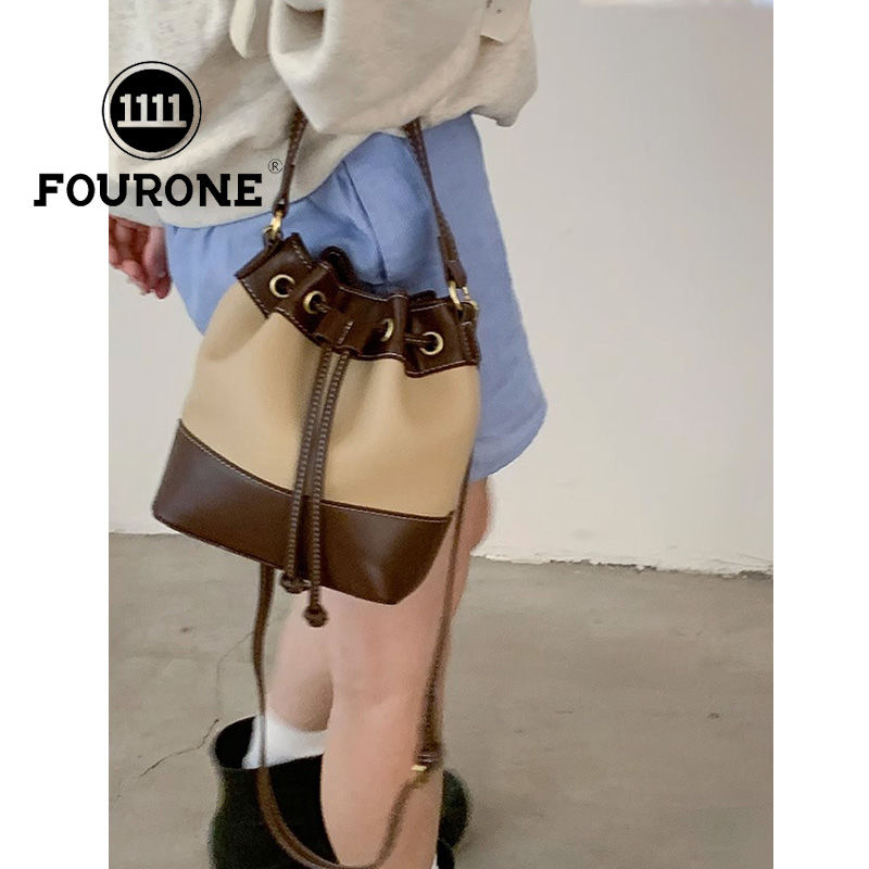Retro contrasting handbag women's new trendy Korean bucket bag niche versatile shoulder bag crossbody bag