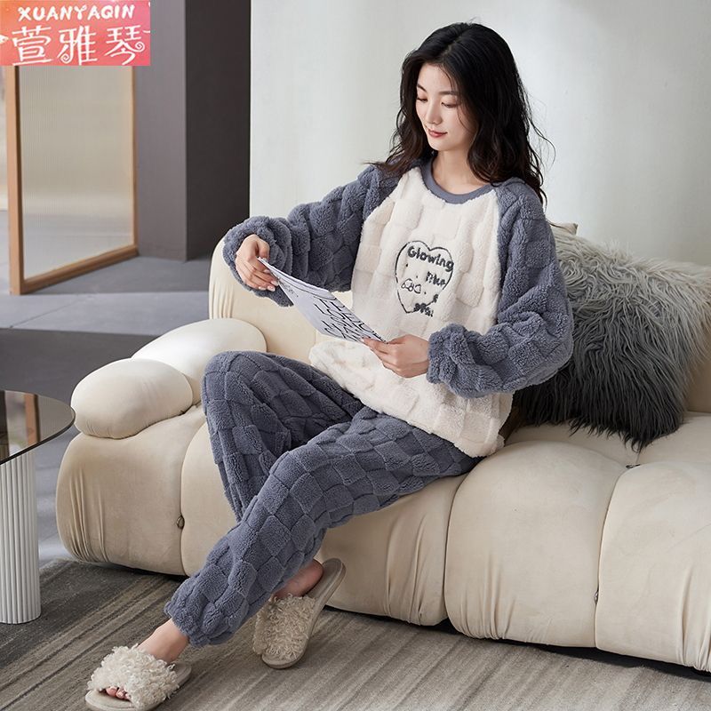 睡衣女冬季珊瑚绒套头学生韩版休闲宽松大码家居服两件套装