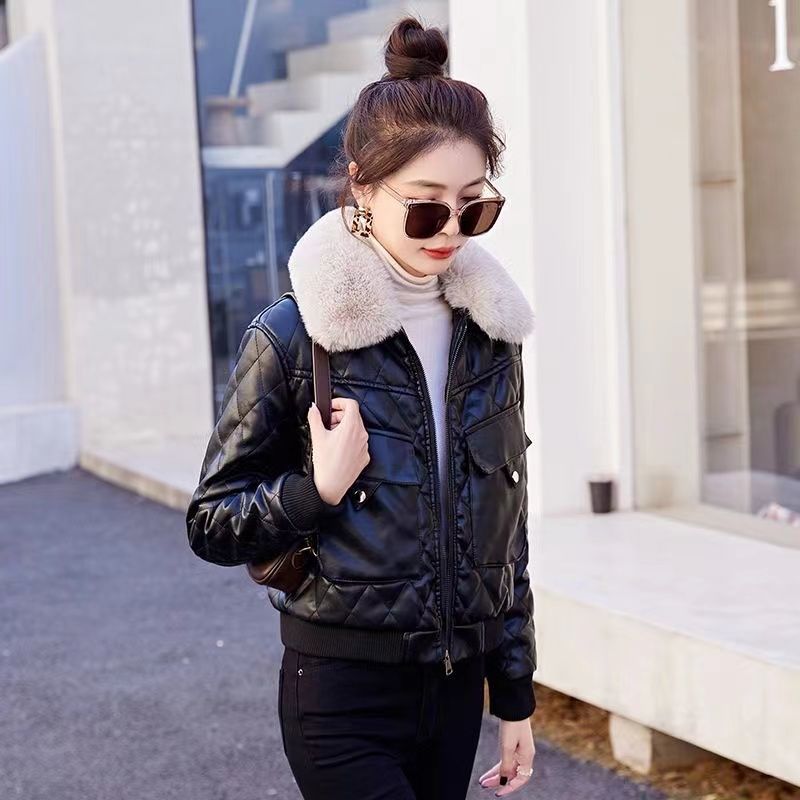 Velvet thickened leather jacket women's short winter new fashion small motorcycle jacket cotton leather jacket small cotton jacket